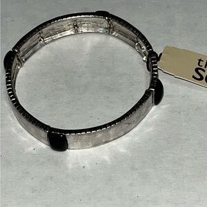 The Sak Black Enamel Stone Stretch Silver Fashion Bracelet‎ New with Tag
